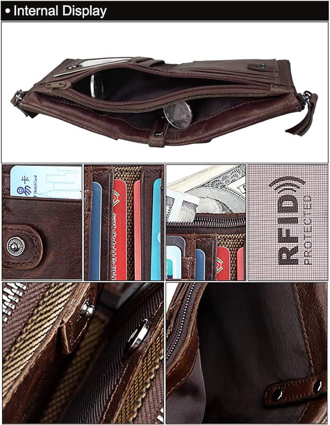 Men's Folding Double Zip Wallet RFID Blocks Retro Short Coin Purse