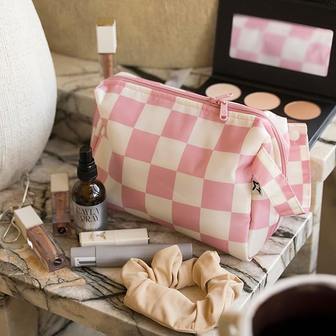 Tiny Twinkle Waterproof Travel Toiletry & Makeup Bag Organizer | Makeup Pouch with Multiple Compartments & Snap Handle for Travel | Gift for Teen Girls and Women(Pink Checkers