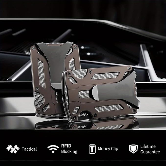 CCidea Mens Card Holder with Money Clip, Christmas Gifts for Men, Slim Minimalist Wallet for Men, Anti-scratch Carbon Fiber Wallet with RFID Blocking- Holds up to 12 Cards and 8 Bills (Coffee)