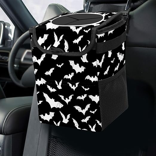 Car Trash Can with Lid Black and White Goth Bats Collapsible Reusable Leak-Proof Auto Garage Bag,Hanging Vehicle Car Accessories Interior Car Organizer
