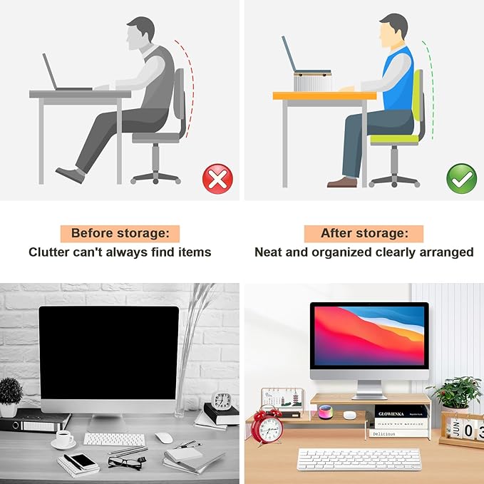 YGYQZ Adjustable Monitor Stand Riser with Acrylic Legs丨7.67" Wide Dual Monitor Stand for Desk丨2-Tier Wood Desktop Organizer for Computer, Laptop, Printer & PC丨Modern Aesthetic Desk Shelf(wood-flat)