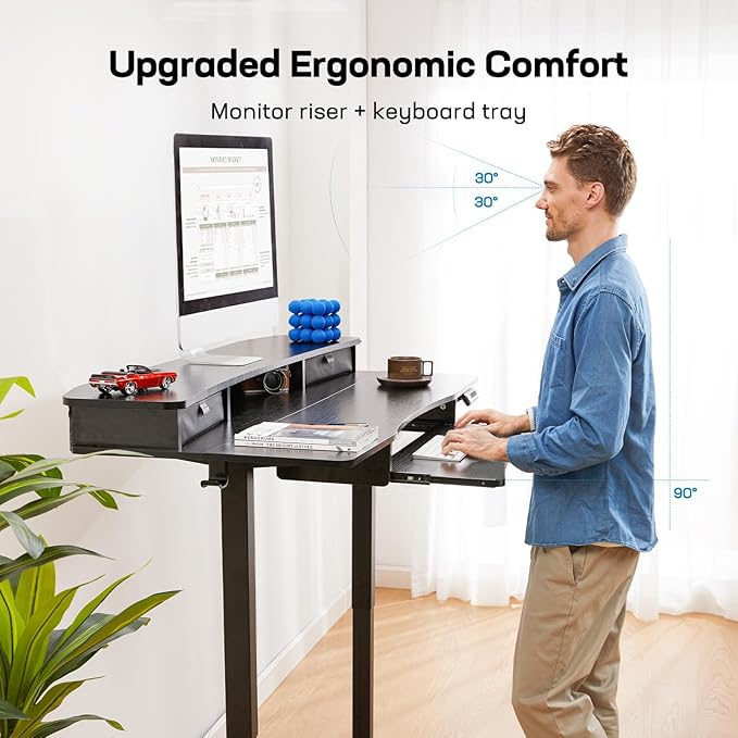 HUANUO 55" x 26" Electric Standing Desk with 2 Drawers & 26.7" Large Keyboard Tray, C-Clamp Mount Compatible, Adjustable Computer Desk for Home Office, Stand Up Desk with 4 Height Presets, Black