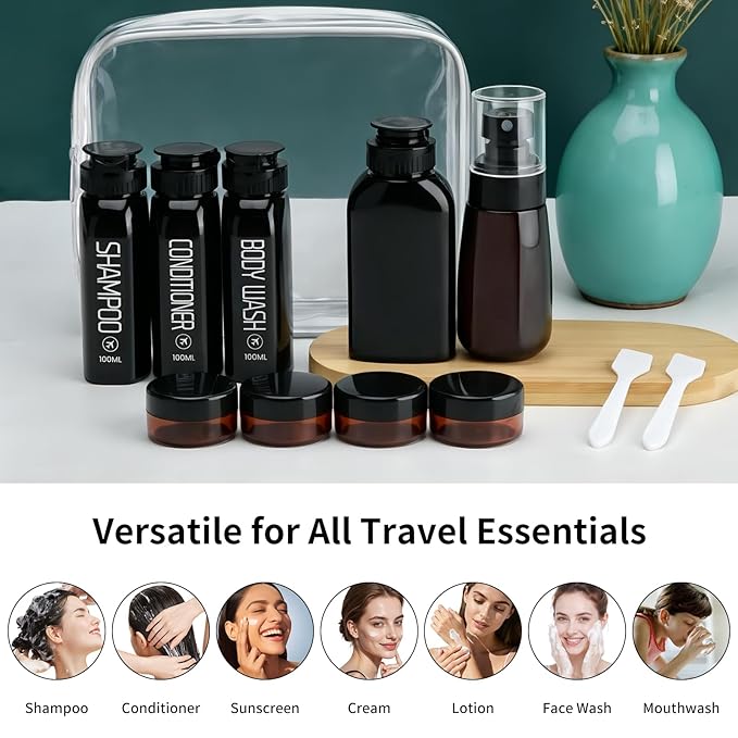 Cosywell Travel Bottles for Toiletries 10PCS 100ml/3.4oz Pre-Printed Shampoo, Conditioner & Body Wash TSA Approved 2oz Spray Bottle Leakproof 0.35oz Plastic Cream Jars Refillable Cream Lotion(Black)