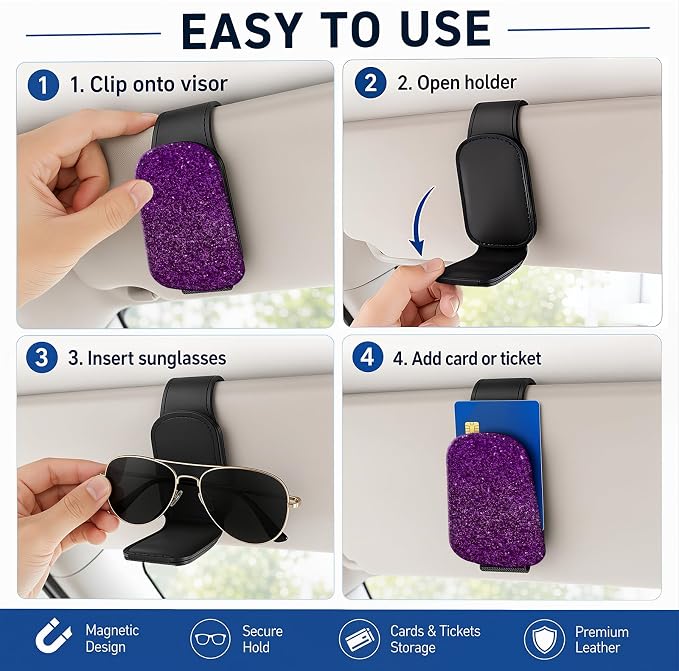 Leather Magnetic Sunglass Holder for Car Sun Visor, Cute Eyeglass Ticket Card Hanger Clip, Universal Auto Interior Accessories for SUV Pickup Truck, Purple Glitter