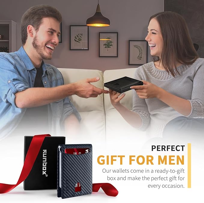 RUNBOX Slim Wallet for Men Genuine Leather RFID Blocking Bifold Minimalist Front Pocket Mens Wallet with Money Clip Thin Gift Box