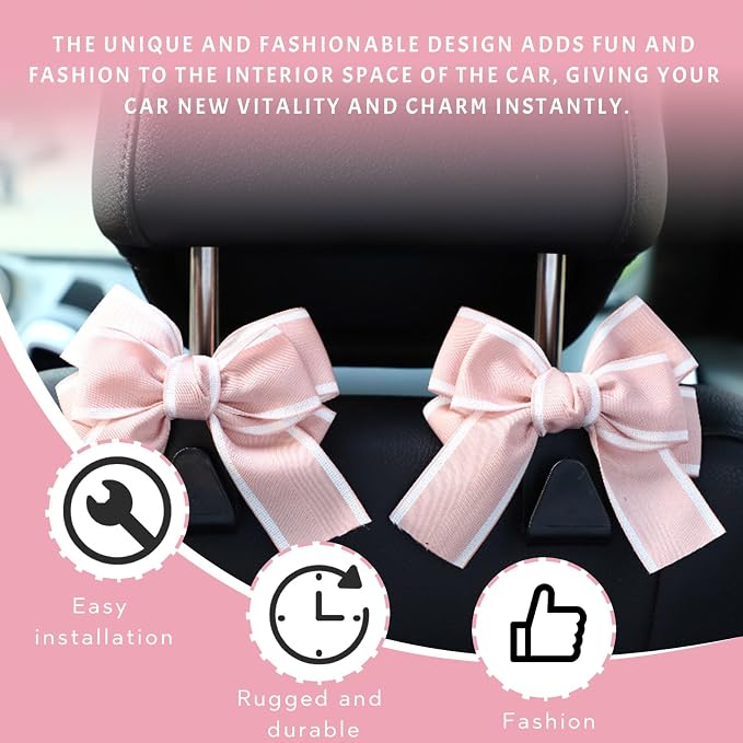 2PCS Car Seat Headrest Hooks, Cute Bow Vehicle Rear Seat Bracket Hook for Purses and Bags, Automotive Purse Hook Hanger, Universal for SUV, Sedan, Truck (Pink+White)