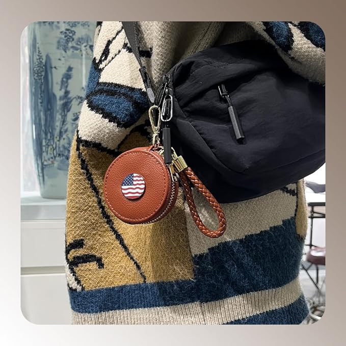 Coffee PU Leather Round Zipper Coin Purse, Badge Wallet with Braided Wrist Strap, Wallet Purse Shoulder Bag, Leather Wallet, Coin Pouches for Women (American Flag)
