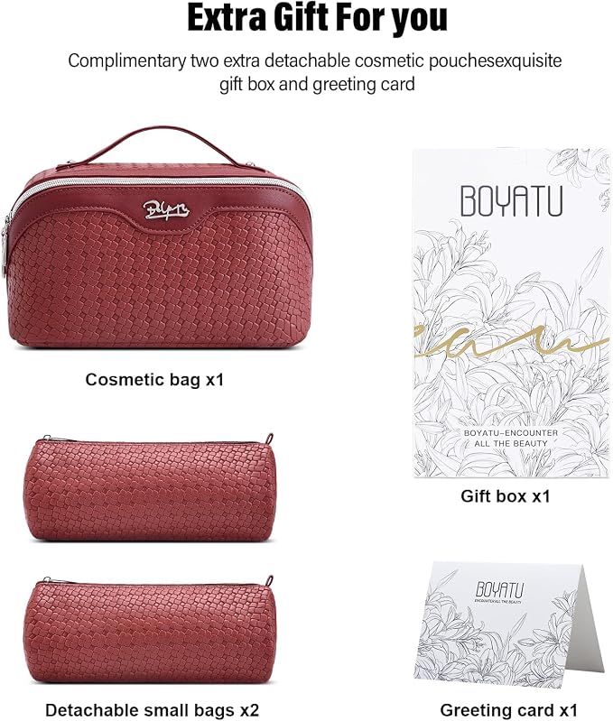 BOYATU Travel Makeup Bag Cosmetic Bags for Women: Large Capacity 3 Pcs Set Make up Bag with Compartments - Waterproof Vegan Leather Toiletry Organizer Bags with Handle (L52Burgundy)