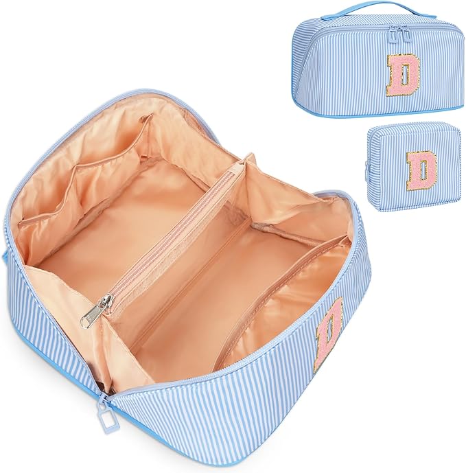2026 Graduation Gifts - Travel Makeup Bag for Women, 2Pcs Portable Personalized Initial Makeup Organizer Bag, Open Flat Large Cosmetic Bag With Travel Essential Pouch (Blue Letter D)