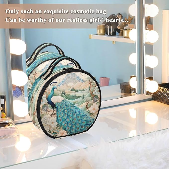 senya Round Cosmetic Pouch Travel Makeup Train Case Vintage Peacock Makeup Organizer Bag with Adjustable Dividers Portable for Cosmetics Makeup Brushes Toiletry Jewelry Accessories