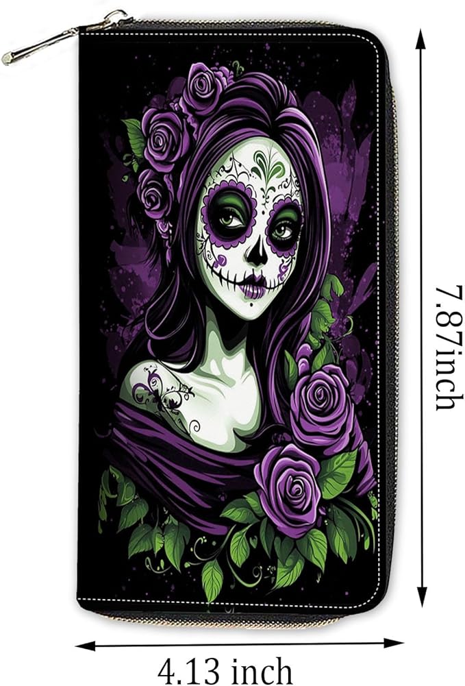 Womens Wallet,RFID Blocking Large Capacity Clutch,Zip Around Leather Purse with 8 Card Slots,Bill Compartments Coin Pocket - Day of the Dead Sugar Skull Women