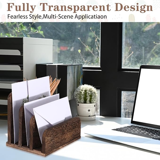 Briwooody Wooden Mail Organizer 3 Slots Mail Holder for Desk Wood File Paper Letter Holder for Letter Envelope Filing Cell Phone Document Storage, Organizer Tray for Office and Home(Dark Brown)