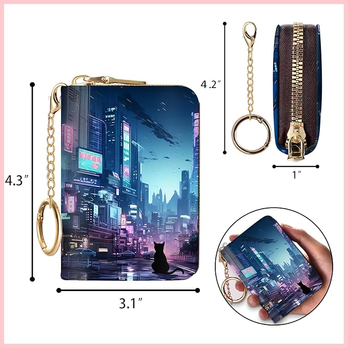 Blusabaca Cyberpunk Neon Art Credit Card Holder for Women, Small RFID Wallet with Zipper, Card Keychain Wallet, Leather Card Case, Business RFID Blocking Accordion Purse Wallet Gift