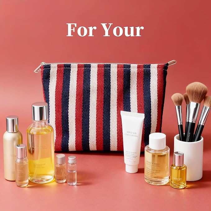 Color Striped Makeup Bag for Women, Canvas Cosmetic Bag with Zipper lining, Travel Makeup Pouch for Purse, Travel Pouch for Toiletry, Cosmetic, Sunscreen, Hygiene, Skincare, SPF, Medicine, Sunblock