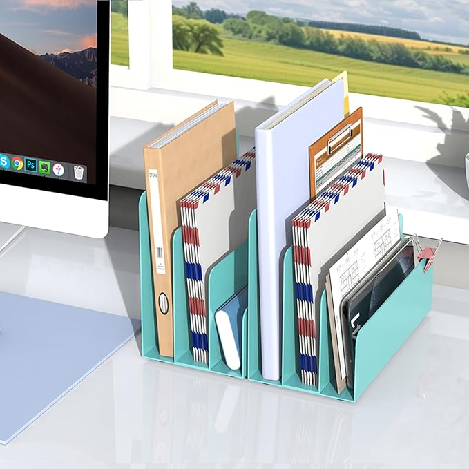 Mail Organizer Countertop, Small Desk File Organizer, Metal File Holder - Essential Workspace Organizers for Office Desk, Home Office (Blue)