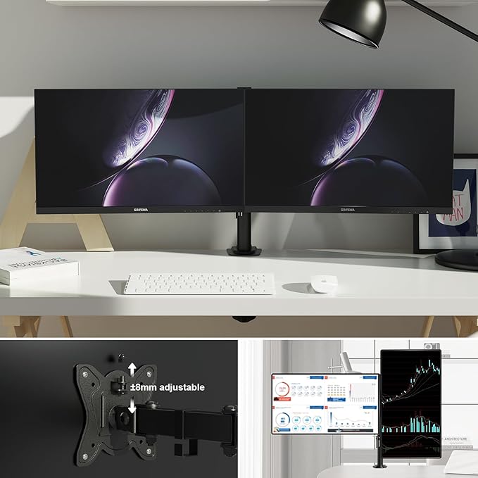 GRIFEMA GB2001A-2 Monitor Mount for 13-27 Inch Flat & Curved Screens, Height Adjustable, Tilt, Swivel, 360° Rotation, 10 kg per Arm, VESA 75/100 mm