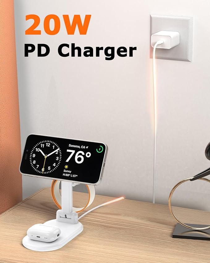 Magnetic Wireless Charger Mag-Safe 3 in 1 Charging Station,15W Max Foldable Wireless Charging Stand for iPhone 17/16/15/14/13/12, Fast Travel Charger for Multiple Devices iWatch Airpods (White)