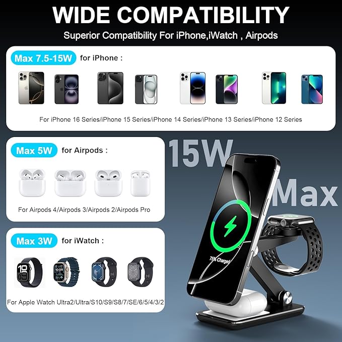 Wireless Charger 3 in 1,Foldable Wireless Charging Station for Apple MagSafe Charger,Aluminum Portable Magnetic Travel Charger Stand for iPhone,Watch,Aipods (with 20W Adapter & Case)