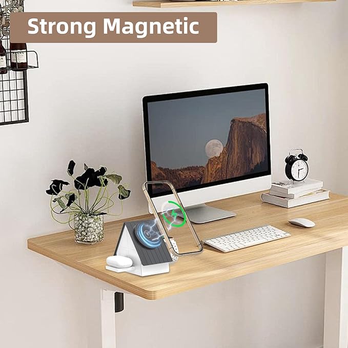 3-in-1 Wireless Charging Station with Soft Touch Night Light, 15W Fast Charger Stand for iPhone, Apple Watch & AirPods, Home Style Dock (Grey-White)