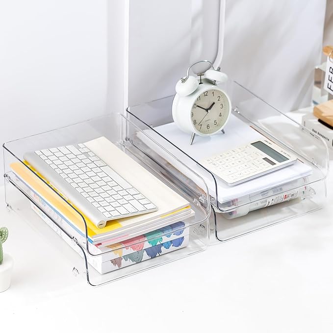Gagee 2 Pack Paper Organizer for Desk,Clear Stackable Paper Sray Holder , Office Desk Organizer for Notes, Pens, File, Document