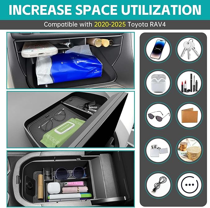 3PCS Center Console Organizer Tray Compatible with 2019-2025 Toyota RAV4 RAV-4 & Prime Accessories, Insert Gear Shift Divider Slot & Armrest Storage Box & Dash Organizer (ONLY Fit 8" Screen)