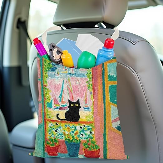 Black Cat Car Trash Bag, Car Trash Bag Hanging, Waterproof Cars Back Seat Hanging Organizer and Storage Trash Bags for Vehicle Travelling Camping Fantasy Art Decor