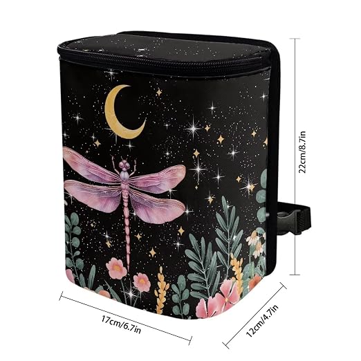 Talayituse Dragonfly Flower Moon Print Car Trash Can with Lid, Leak Proof Auto Trash Bag Hanging Vehicle Garbage Can Multipurpose Storage Container for Back Seat Road Trip