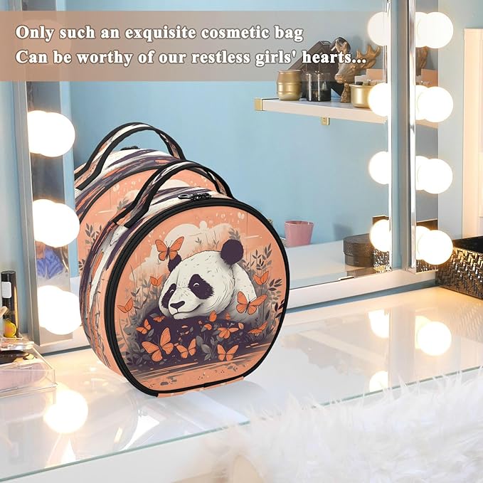 senya Round Cosmetic Pouch Travel Makeup Train Case Panda Orange Makeup Organizer Bag with Adjustable Dividers Portable for Cosmetics Makeup Brushes Toiletry Jewelry Accessories