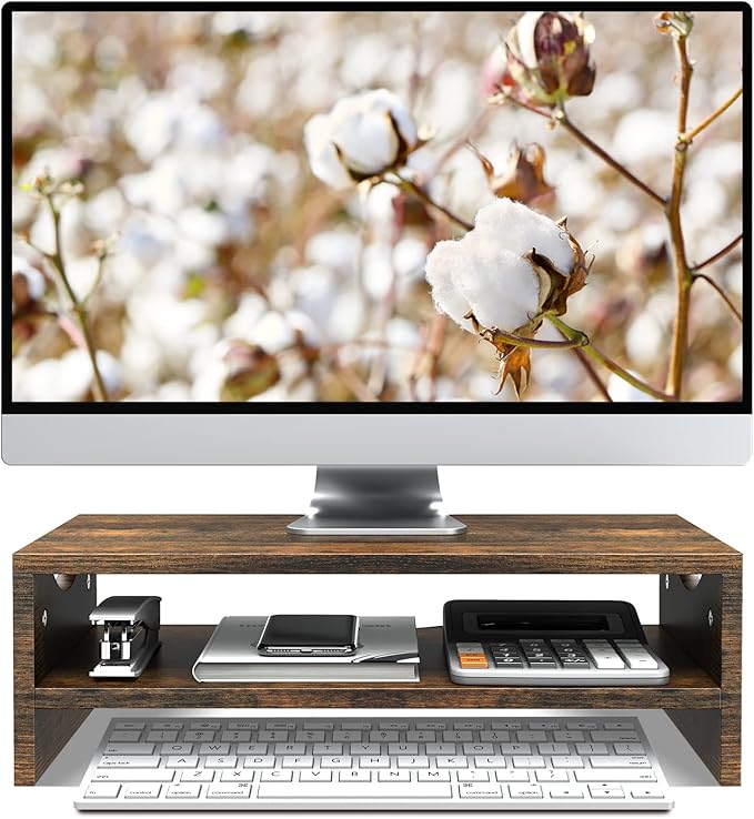 Monitor Stand Riser, 2 Tiers Wood Monitor Riser Stand with Desktop Shelf Storage Organizer, Ergonomic Desk & Tabletop Organizer Desktop Stand for Laptop Computer, MacBook, PC(Rustic Brown)