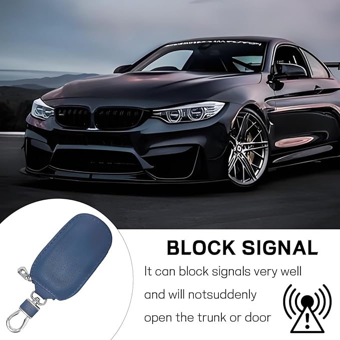 Car Key Case, Genuine Leather Auto Key Fob Protector, Universal Key Fob Cover Case with Metal Hook, Car Smart Keychain Holder for Remote Key Fob, Vehicle Keyring Zipper Bag (Blue)