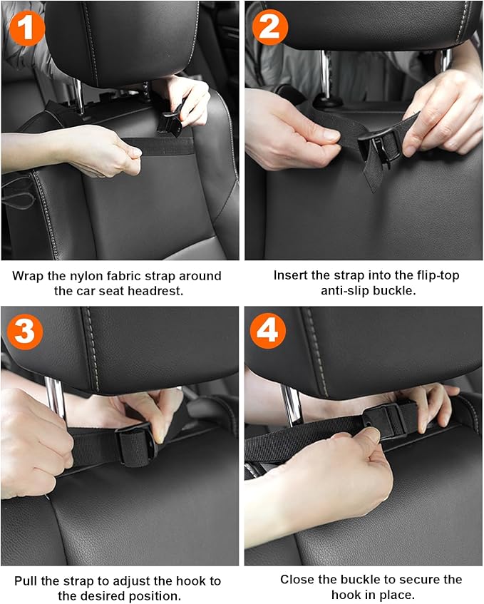 Adjustable Car Seat Headrest Hooks, Universal Fit for All Headrest Styles, Purse Hook with Phone Holder, Car Purse Hooks for Bags, Multifunctional Car Organizers and Storage