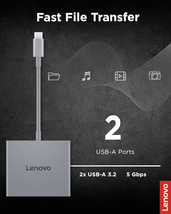 Lenovo USB-C 4 in 1 Travel Hub Block with Integrated Cable, 1x HDMI 4K @ 60Hz, 2X USB-A 3.2, 1x 3.5mm Combo, Luna Grey ??Portable, Compact, High-Speed Connectivity Laptops PC Gaming Console Charging