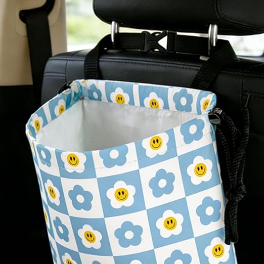 Checkered Smiling Daisy Car Trash Bag - Waterproof Car Trash Bag Hanging Leakproof Car Garbage Bag - Washable Reusable Trash Bag For Car Interior Hanging Organizer Storage Vehicle Travelling Camping