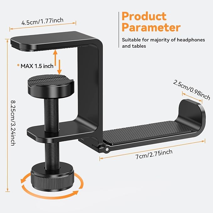 Headphone Hanger Holder Stand -Under Desk Headphone Hanger, Headset Hook Holder with Foldable,Space-Saving Aluminum Stand with Universal Fit for Gaming PC Accessories (Black-1PCS)