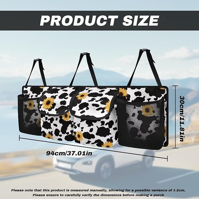 Sunflower Cow Pattern Car Backseat Trunk Organizer Auto Hanging Seat Back Storage Collapsible Car Storage Bag Car Interior Accessories for SUV, Truck, MPV,Van