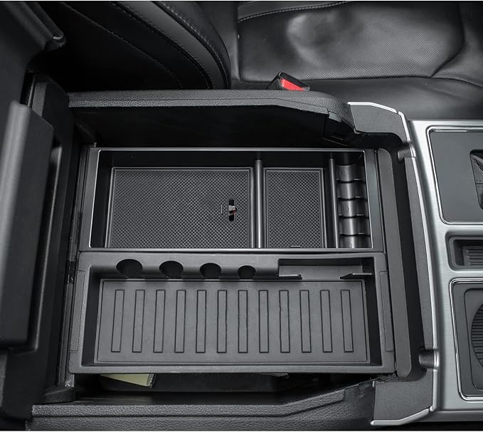 JDMCAR Compatible with Ford F150 Accessories (2015-2020) /F250 F350 F450 (2017-2022) / Expedition 2018-2022 Center Console Organizer, ABS Material Insert Tray Storage Box- (Bucket Seats ONLY)- Black