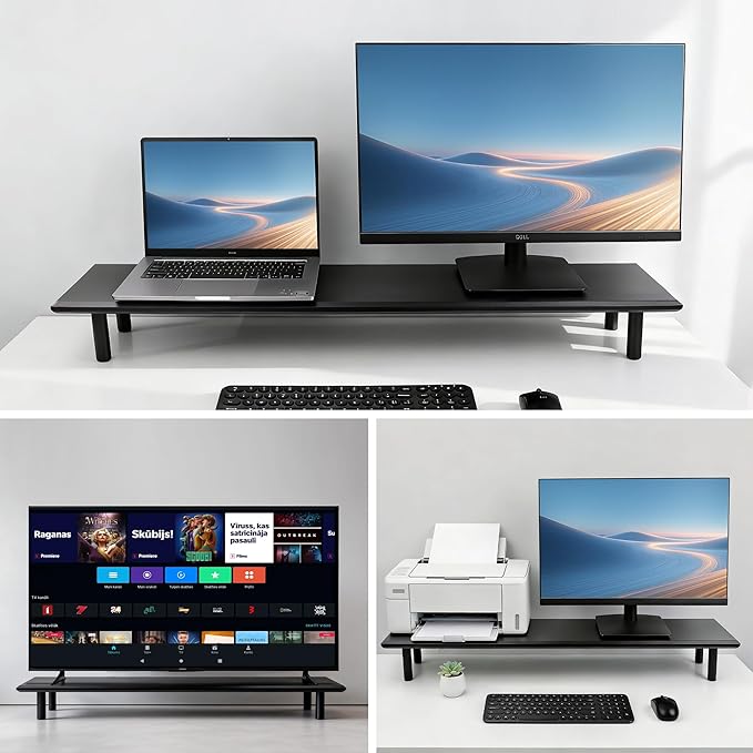 Bamboo Dual Monitor Stand Riser with Underneath Storage, Ergonomic Desk Shelf Supports PC Computer Monitor, Printer, TV for Home, Office, Black