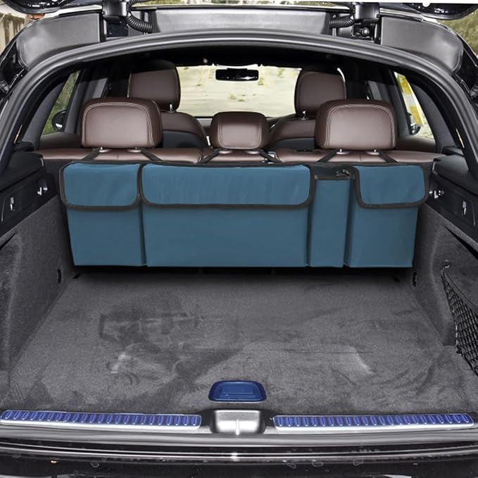 BELOMI Car Trunk Organizer, Auto Waterproof Sturdy Backseat Hanging Large Storage Collapsible Cargo Bag with Anti-Slip Adjustable Strip&4 Pockets, Vehicle Interior Accessories for Man Woman (Blue)
