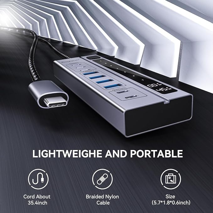 Minisopuru 9 in 1 Powered USB C Hub – Support Max 45W Charging with 65W USB-C Power Adapter, 10Gbps, USBC Hub Charging for Meta Quest Pro, Steam, iPad Pro, iPhone, Watch (Not for Monitor)
