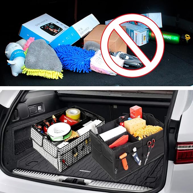 Car Trunk Organizer, Large Capacity Collapsible Multi-Compartment Vehicle Trunk Storage Organizer, Foldable Auto Rear Seat Organization Box for Cargo Grocery, Universal for Vehicles (Black)