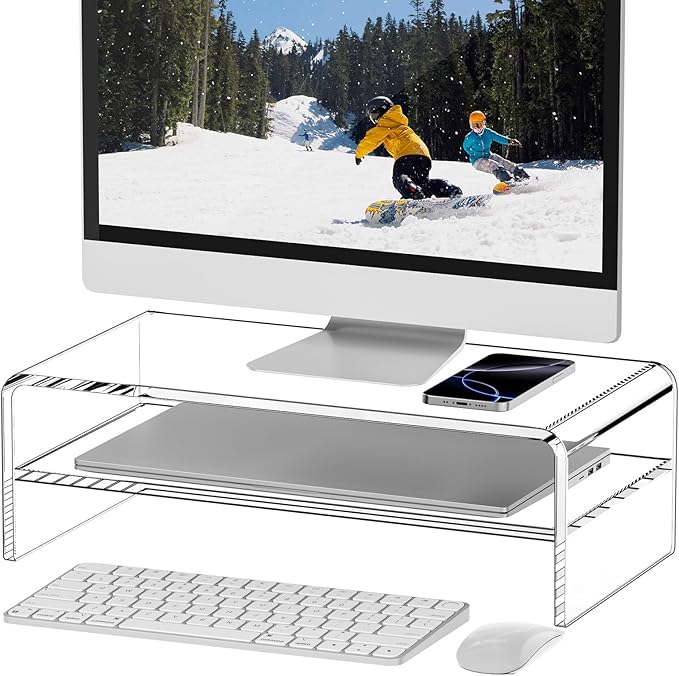 Egchi Clear Acrylic Monitor Stand Riser 2 Tier, 5.12 Inches High Clear Computer Desk Organizer Shelf for Multi Media PC Storage Laptop