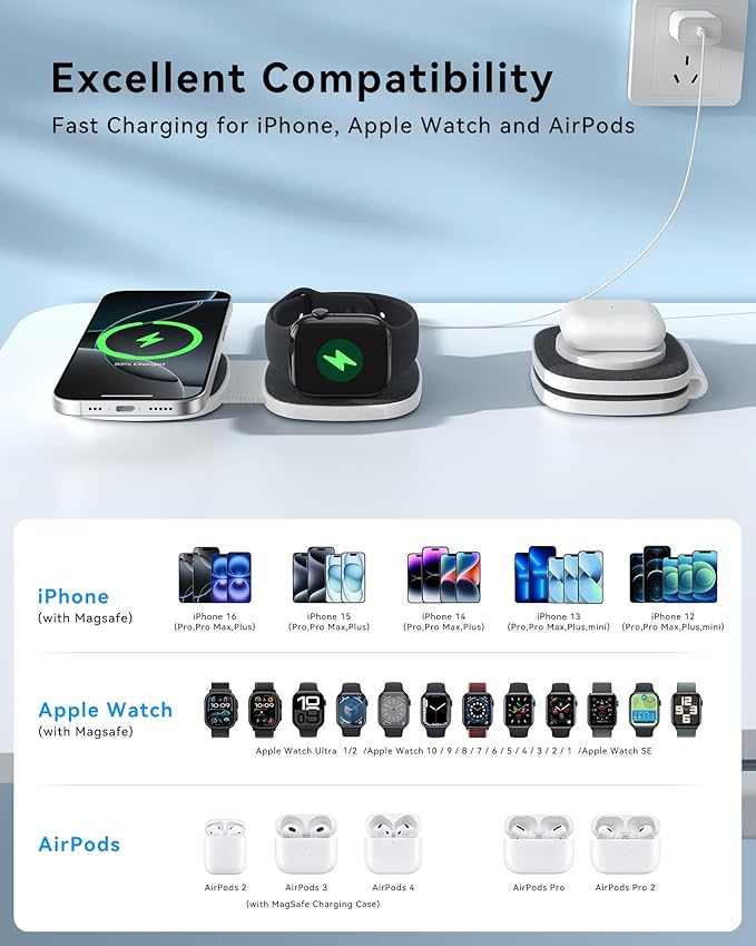 Charging Station for Apple Multiple Devicesï¼? in 1 Foldable Wireless Charger for Magnetic Wireless Charger Station Travel Charging Pad for Apple iPhone 17 16 15 14 13 12 Series& Apple Watch& Airpods
