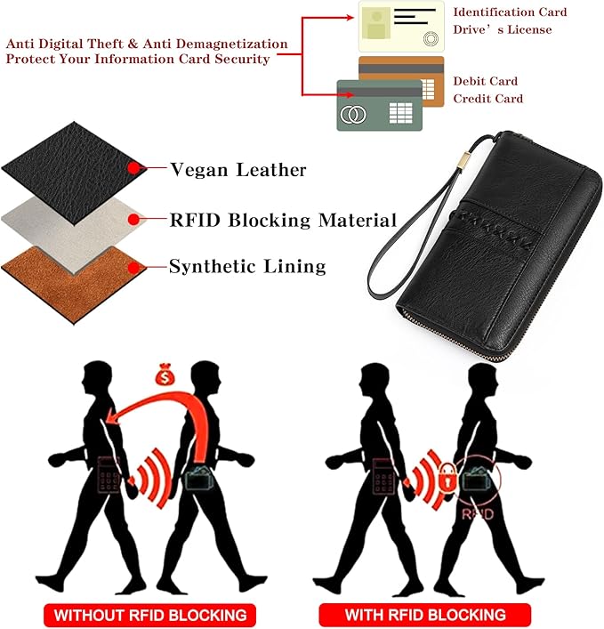GOIACII Wallet for Women Ladies Wristlet Long Purse Zip Around Clutch RFID Blocking Vegan Leather