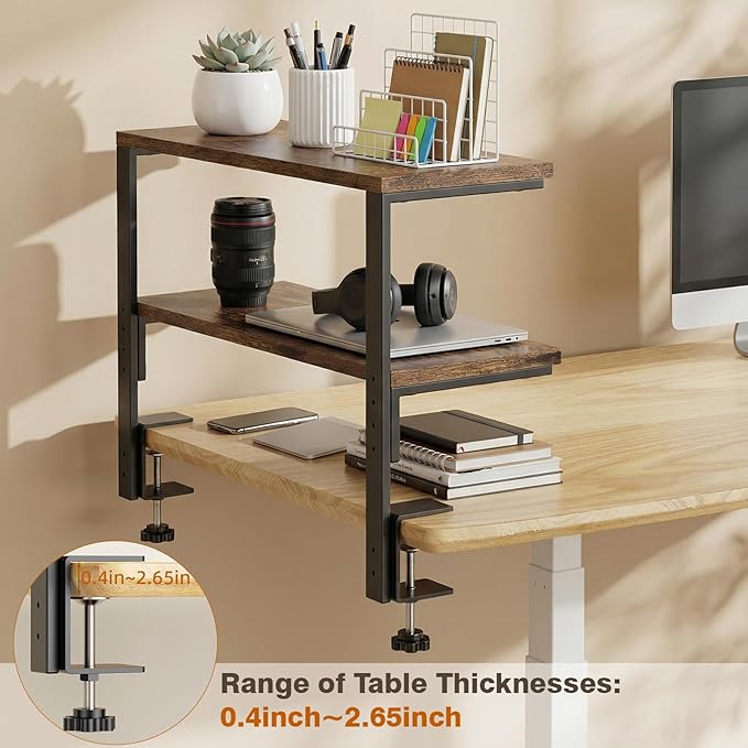 2-Tier Desk Extender, 22-inch Clamp-On Desk Shelf, Height-Adjustable Desktop Shelf Organizer for Monitors Office and Gaming Accessories, Arm Support Table Extension, Dark Brown