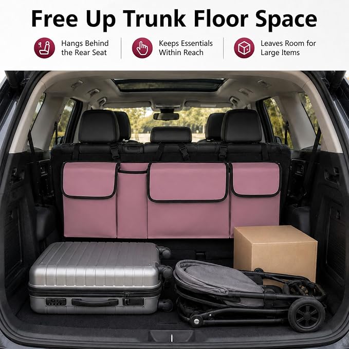 Car Trunk Organizer, Waterproof Backseat Hanging Large Storage with Adjustable Straps, Collapsible Cargo Bag with 4 Pockets, Sturdy Space Saver Frees Trunk Floor for SUV, Truck, MPV (Pink)