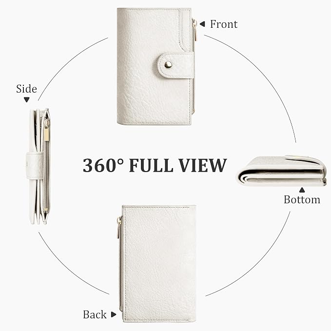 Airkit Small Women's Bifold Wallet, RFID Blocking Credit Card Holder with Zipper, Travel Cute Coin Pocket Wallet for Ladies, Cream White
