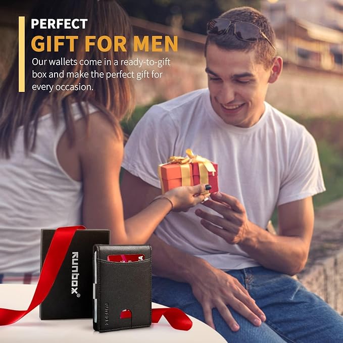 RUNBOX Slim Money Clip Wallets for Men RFID Blocking 11 Card Holder Minimalist Small Leather Bifold Men's Front Pocket Wallet Gift Box