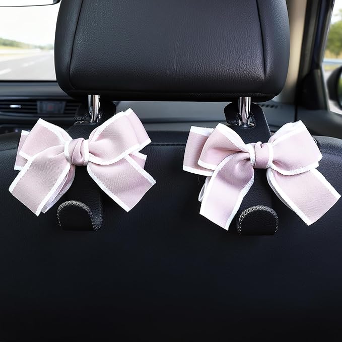 Car Purse Hook, Cute Bow Hooks for Headrest - Leather U-Shaped Purse Holder for Car, Flexible Seat Back Organizer & Durable Vehicle Accessories for Bags, Coats & More (Black&Pink-2 Pack)