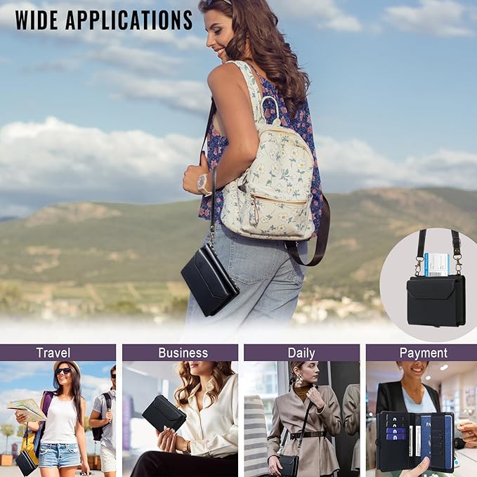 ASAPDOS RFID Blocking Family Passport Holder Wallet,Hold 2-3 Passports for Travel with Credit Card Slots & Wrist Crossbody Strap Black