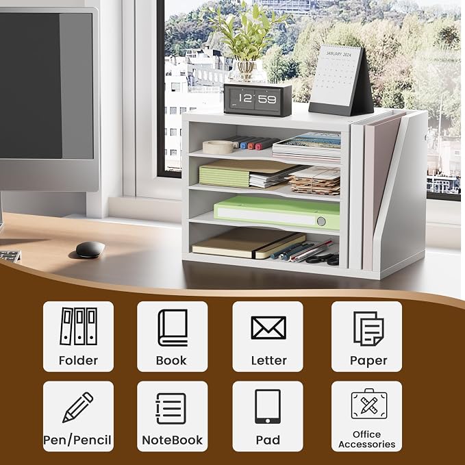 Creso hom Mail Sorter, File Organizer Desktop, Wood Desk Organizer with 3 Adjustable Shelves, Mail Holder for Office, Home, Letter Sorter File Holders for Envelopes, Mail Supplies Magazines, White
